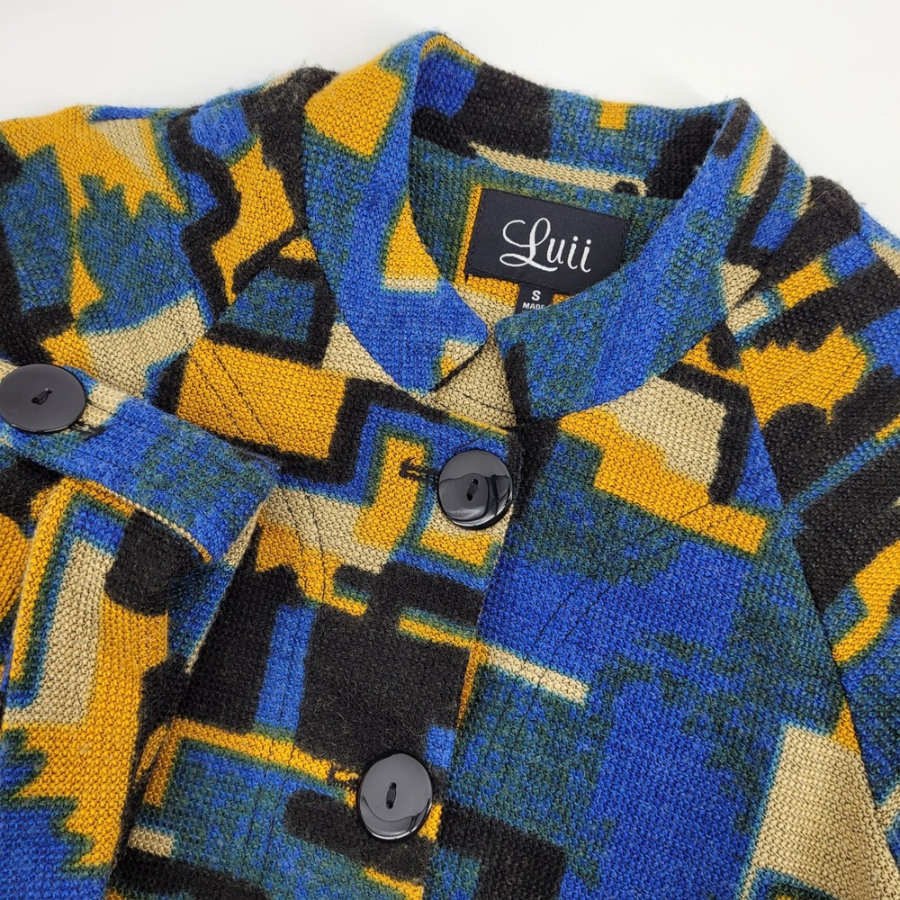 Luii Womens S Abstract Geometric Wool Blend Button‎ Front Jacket Blue Yellow